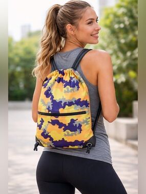 🎒3 for $18🎒 Camo Drawstring Backpack Gym Sport Bag Zipper Pocket Unisex